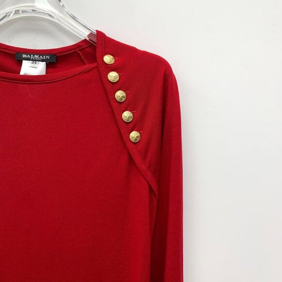 Balmain Red Long-Sleeved Sweater With Gold Button Details Size XXS (34) 100% Vis - Picture 4 of 5